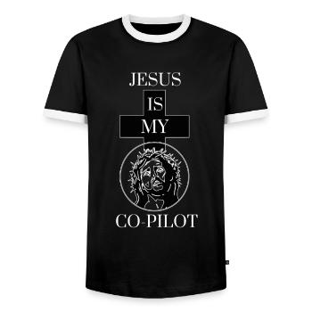 Jésus est mon ami copilote Kreuzheiliger - T-shirt contrasté Homme - noir/blanc - Devant - AI Model Female 172 light (172cm) & AI Model Male 178 light (178cm)