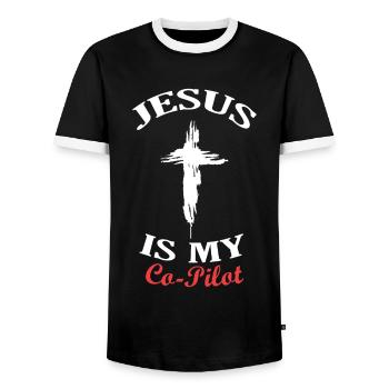 Jésus est mon ami copilote Kreuzheiliger - T-shirt contrasté Homme - noir/blanc - Devant - AI Model Female 172 light (172cm) & AI Model Male 178 light (178cm)