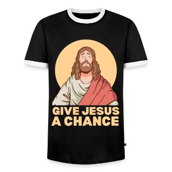 Give Jesus a random faith Bible quote - Men's Ringer Shirt - black/white - Front - AI Model Female 172 light (172cm) & AI Model Male 178 light (178cm)