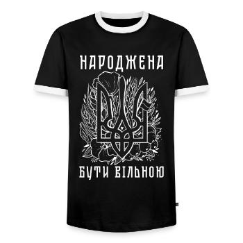 Ukrainian Quote Free Girl Trident Flowers - Men's Ringer Shirt - black/white - Front - AI Model Female 172 light (172cm) & AI Model Male 178 light (178cm)