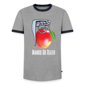 Mango or death fruit lover prank quote - Men's Ringer Shirt - grey/navy  - Front - AI Model Female 172 light (172cm) & AI Model Male 178 light (178cm)