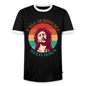 You seriously need Jesus' holy icon of - Men's Ringer Shirt - black/white - Front - AI Model Female 172 light (172cm) & AI Model Male 178 light (178cm)