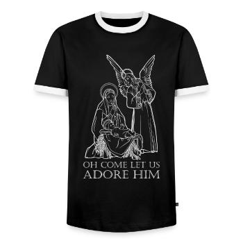 Oh, let's worship him, newborns - Men's Ringer Shirt - black/white - Front - AI Model Female 172 light (172cm) & AI Model Male 178 light (178cm)