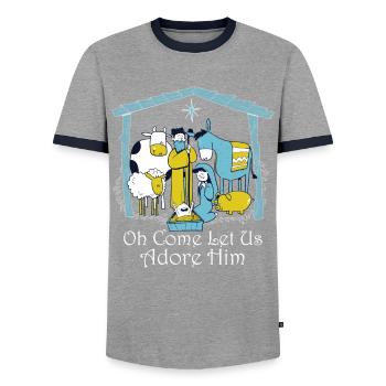 Oh, Lass Uns Ihn Verehren, Neugeborene - Männer Kontrast-T-Shirt - Grau/Navy  - Vorne - AI Model Female 172 light (172cm) & AI Model Male 178 light (178cm)