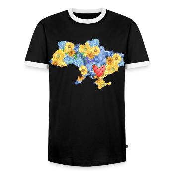 Ukrainian city of Kherson contour map - Men's Ringer Shirt - black/white - Front - AI Model Female 172 light (172cm) & AI Model Male 178 light (178cm)