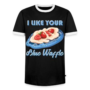 I like your blue waffle cookies strawberries - Men's Ringer Shirt - black/white - Front - AI Model Female 172 light (172cm) & AI Model Male 178 light (178cm)