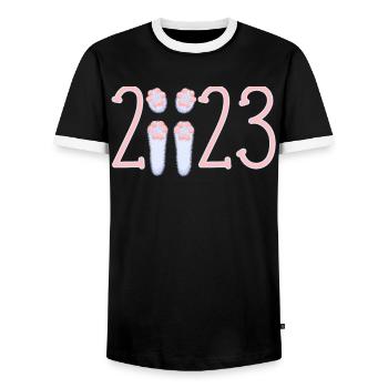 Christmas 2023 Year of the Rabbit Pink Paws - Men's Ringer Shirt - black/white - Front - AI Model Female 172 light (172cm) & AI Model Male 178 light (178cm)