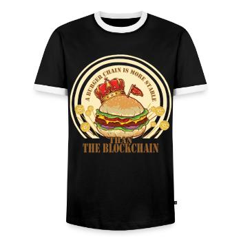 A burger chain is more stable than the blockchain - Men's Ringer Shirt - black/white - Front - AI Model Female 172 light (172cm) & AI Model Male 178 light (178cm)