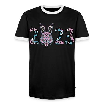 Christmas 2023 Year of the Rabbit Pink Fuzzy - Men's Ringer Shirt - black/white - Front - AI Model Female 172 light (172cm) & AI Model Male 178 light (178cm)
