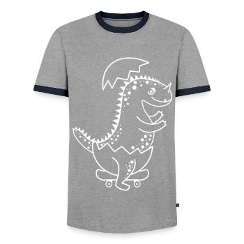 Frisch geschlüpftes Dinosaurier-Baby beim Skaten! - Männer Kontrast-T-Shirt - Grau/Navy  - Vorne - AI Model Female 172 light (172cm) & AI Model Male 178 light (178cm)