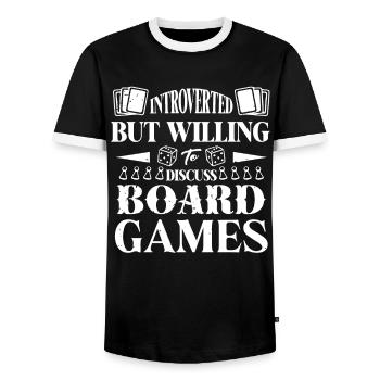 An introvert discusses board games - Men's Ringer Shirt - black/white - Front - AI Model Female 172 light (172cm) & AI Model Male 178 light (178cm)
