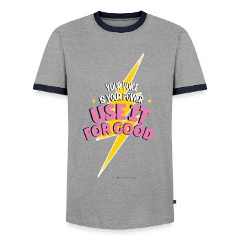 Your voice is your strength - Men's Ringer Shirt - grey/navy  - Front - AI Model Female 172 light (172cm) & AI Model Male 178 light (178cm)
