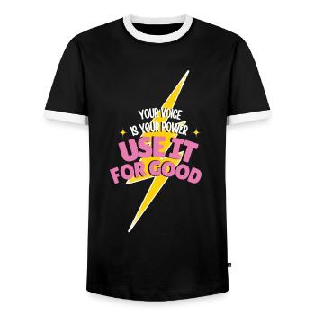Your voice is your strength - Men's Ringer Shirt - black/white - Front - AI Model Female 172 light (172cm) & AI Model Male 178 light (178cm)