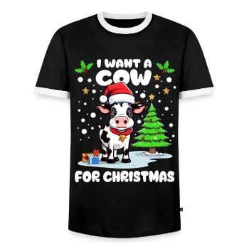 Little cow with cap celebrating Christmas in the snow - Men's Ringer Shirt - black/white - Front - AI Model Female 172 light (172cm) & AI Model Male 178 light (178cm)