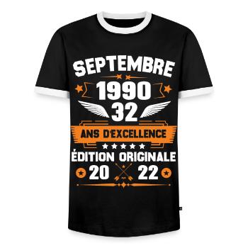 Septembre 1990 Idée cadeau d'anniversaire 32 ans - T-shirt contrasté Homme - noir/blanc - Devant - AI Model Female 172 light (172cm) & AI Model Male 178 light (178cm)