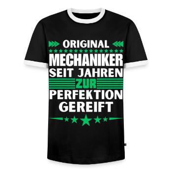 Mechanics matured to perfection - Men's Ringer Shirt - black/white - Front - AI Model Female 172 light (172cm) & AI Model Male 178 light (178cm)