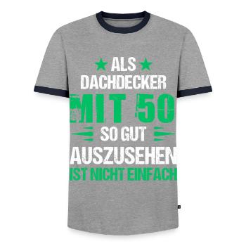 At 50, good-looking roofer - Men's Ringer Shirt - grey/navy  - Front - AI Model Female 172 light (172cm) & AI Model Male 178 light (178cm)
