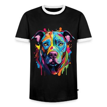Hund der Pitbull-Rasse mit buntem Popart-Stil - Männer Kontrast-T-Shirt - Schwarz/Weiß - Vorne - AI Model Female 172 light (172cm) & AI Model Male 178 light (178cm)