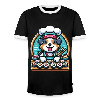 Australian Shepherd chef sushi kawaii style - Men's Ringer Shirt - black/white - Front - AI Model Female 172 light (172cm) & AI Model Male 178 light (178cm)
