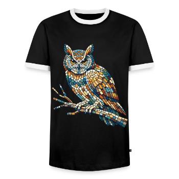 Portrait of an owl on a mosaic branch - Men's Ringer Shirt - black/white - Front - AI Model Female 172 light (172cm) & AI Model Male 178 light (178cm)