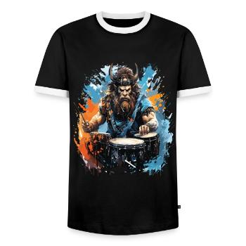 Un guerrier viking qui joue de la batterie. - T-shirt contrasté Homme - noir/blanc - Devant - AI Model Female 172 light (172cm) & AI Model Male 178 light (178cm)