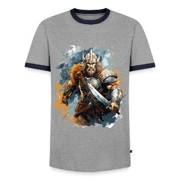 Ein Wikingerkrieger mit seinem Schwert - Männer Kontrast-T-Shirt - Grau/Navy  - Vorne - AI Model Female 172 light (172cm) & AI Model Male 178 light (178cm)
