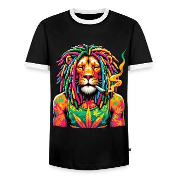 Ein Löwe mit Dreadlocks raucht einen Joint - Männer Kontrast-T-Shirt - Schwarz/Weiß - Vorne - AI Model Female 172 light (172cm) & AI Model Male 178 light (178cm)