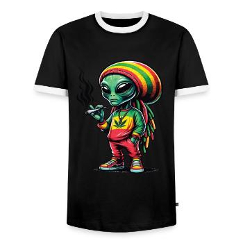 Un alien rasta qui fume un joint de cannabis - T-shirt contrasté Homme - noir/blanc - Devant - AI Model Female 172 light (172cm) & AI Model Male 178 light (178cm)