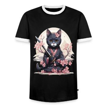 Chat kawaii en tenue samourai avec style Japonais - T-shirt contrasté Homme - noir/blanc - Devant - AI Model Female 172 light (172cm) & AI Model Male 178 light (178cm)