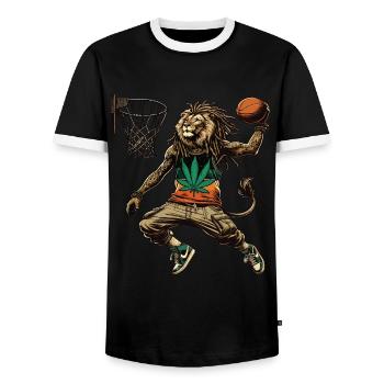 A Rasta lion dunking basketball - Men's Ringer Shirt - black/white - Front - AI Model Female 172 light (172cm) & AI Model Male 178 light (178cm)