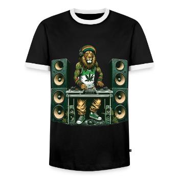 Un lion rasta dj qui mixe entouré d'enceintes - T-shirt contrasté Homme - noir/blanc - Devant - AI Model Female 172 light (172cm) & AI Model Male 178 light (178cm)