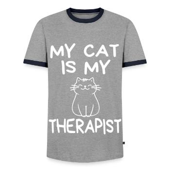 My cat is my therapist - Men's Ringer Shirt - grey/navy  - Front - AI Model Female 172 light (172cm) & AI Model Male 178 light (178cm)