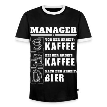 My daily routine as a manager - Men's Ringer Shirt - black/white - Front - AI Model Female 172 light (172cm) & AI Model Male 178 light (178cm)