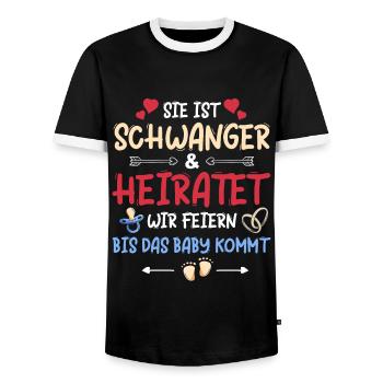 JGA Braut Schwanger Junggesellinnenabschied - Männer Kontrast-T-Shirt - Schwarz/Weiß - Vorne - AI Model Female 172 light (172cm) & AI Model Male 178 light (178cm)