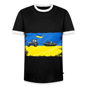 Un agriculteur ukrainien vole des chars russes - T-shirt contrasté Homme - noir/blanc - Devant - AI Model Female 172 light (172cm) & AI Model Male 178 light (178cm)