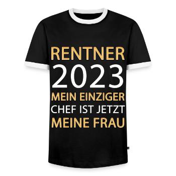 Rente Frau Chef Rentner 2023 - Männer Kontrast-T-Shirt - Schwarz/Weiß - Vorne - AI Model Female 172 light (172cm) & AI Model Male 178 light (178cm)