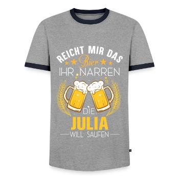 Julia Saufen Bier - Männer Kontrast-T-Shirt - Grau/Navy  - Vorne - AI Model Female 172 light (172cm) & AI Model Male 178 light (178cm)