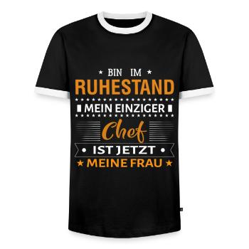 Frau Chef Mann Ruhestand - Rente - Rentner - Männer Kontrast-T-Shirt - Schwarz/Weiß - Vorne - AI Model Female 172 light (172cm) & AI Model Male 178 light (178cm)