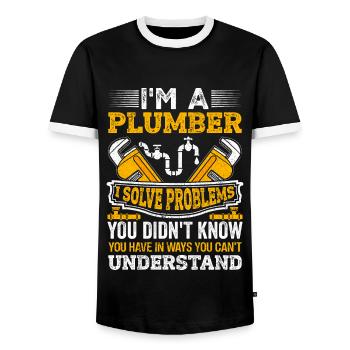 Plombier, Ingénieur chauffagiste, Installateur - T-shirt contrasté Homme - noir/blanc - Devant - AI Model Female 172 light (172cm) & AI Model Male 178 light (178cm)