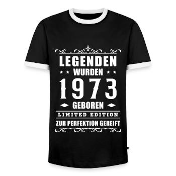 1973 Jahrgang 50. Geburtstag Geschenkidee - Männer Kontrast-T-Shirt - Schwarz/Weiß - Vorne - AI Model Female 172 light (172cm) & AI Model Male 178 light (178cm)