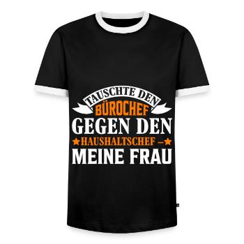 Tausche Bürochef Gegen Haushaltschef: Meine Frau - Männer Kontrast-T-Shirt - Schwarz/Weiß - Vorne - AI Model Female 172 light (172cm) & AI Model Male 178 light (178cm)