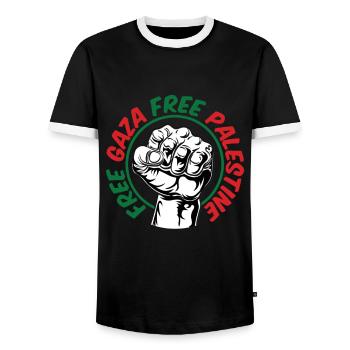 Free Gaza Free Palestine - Men's Ringer Shirt - black/white - Front - AI Model Female 172 light (172cm) & AI Model Male 178 light (178cm)