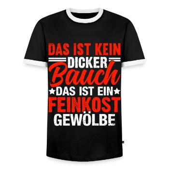 Kein dicker Bauch, sondern Feinkostgewölbe Shirt - Männer Kontrast-T-Shirt - Schwarz/Weiß - Vorne - AI Model Female 172 light (172cm) & AI Model Male 178 light (178cm)