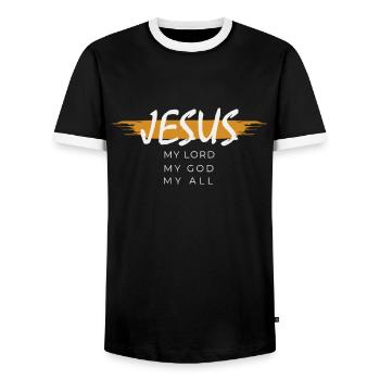 Jesus - My Lord - My God - My Everything - Men's Ringer Shirt - black/white - Front - AI Model Female 172 light (172cm) & AI Model Male 178 light (178cm)