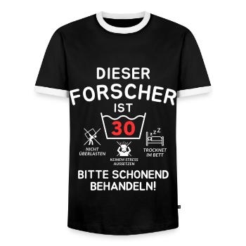 Dieser Forscher ist 30. Schonend behandeln - Männer Kontrast-T-Shirt - Schwarz/Weiß - Vorne - AI Model Female 172 light (172cm) & AI Model Male 178 light (178cm)