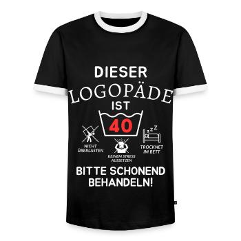 This speech therapist is 40 years old. - Men's Ringer Shirt - black/white - Front - AI Model Female 172 light (172cm) & AI Model Male 178 light (178cm)