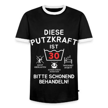 Diese Putzkraft ist 30. Schonend behandeln - Männer Kontrast-T-Shirt - Schwarz/Weiß - Vorne - AI Model Female 172 light (172cm) & AI Model Male 178 light (178cm)