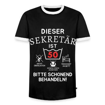 This secretary is 50. - Men's Ringer Shirt - black/white - Front - AI Model Female 172 light (172cm) & AI Model Male 178 light (178cm)