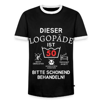 Dieser Logopäde ist 50. Schonend behandeln - Männer Kontrast-T-Shirt - Schwarz/Weiß - Vorne - AI Model Female 172 light (172cm) & AI Model Male 178 light (178cm)