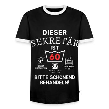 This secretary is 60. - Men's Ringer Shirt - black/white - Front - AI Model Female 172 light (172cm) & AI Model Male 178 light (178cm)
